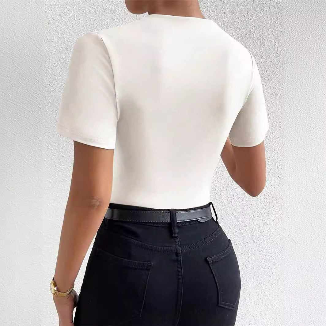 Spring and summer new slim-fitting and thin pleated short-sleeved onesie women's T-shirt
