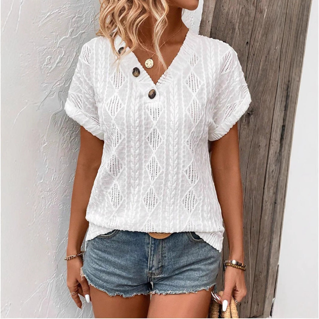 2025 Spring and Summer V-neck jacquard hollow loose short sleeves