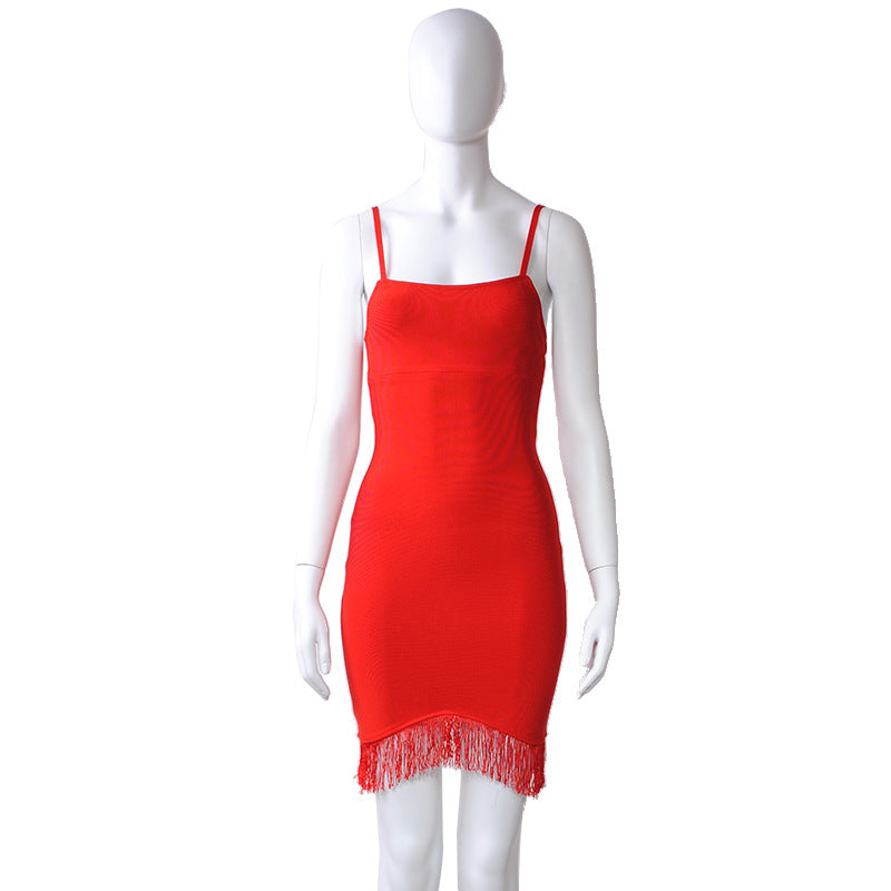 Christmas Red Dresses Female Sexy Tassel Bandage Dress Party
