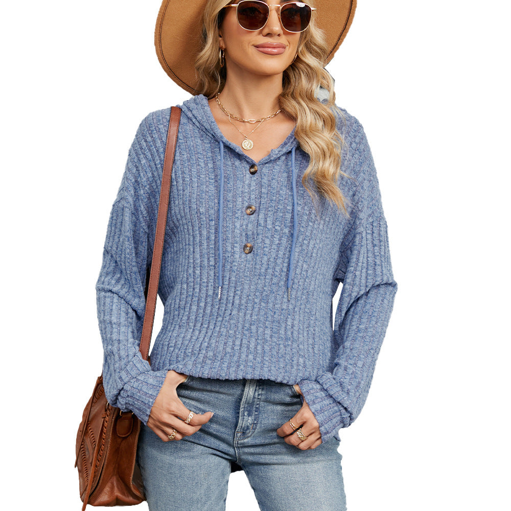 Autumn and Winter new solid color hooded button loose long sleeve sweatershirt women's clothing