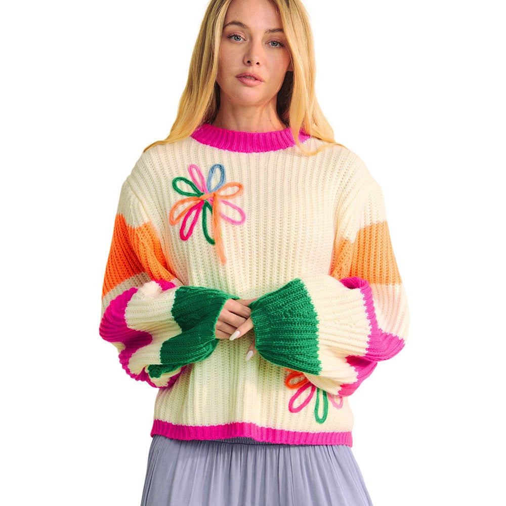 Color matching crew neck pullover sweater knitted sweater