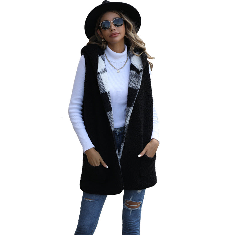Women's Mid-length hooded sleeveless plaid pocket bubble velvet baggy coat