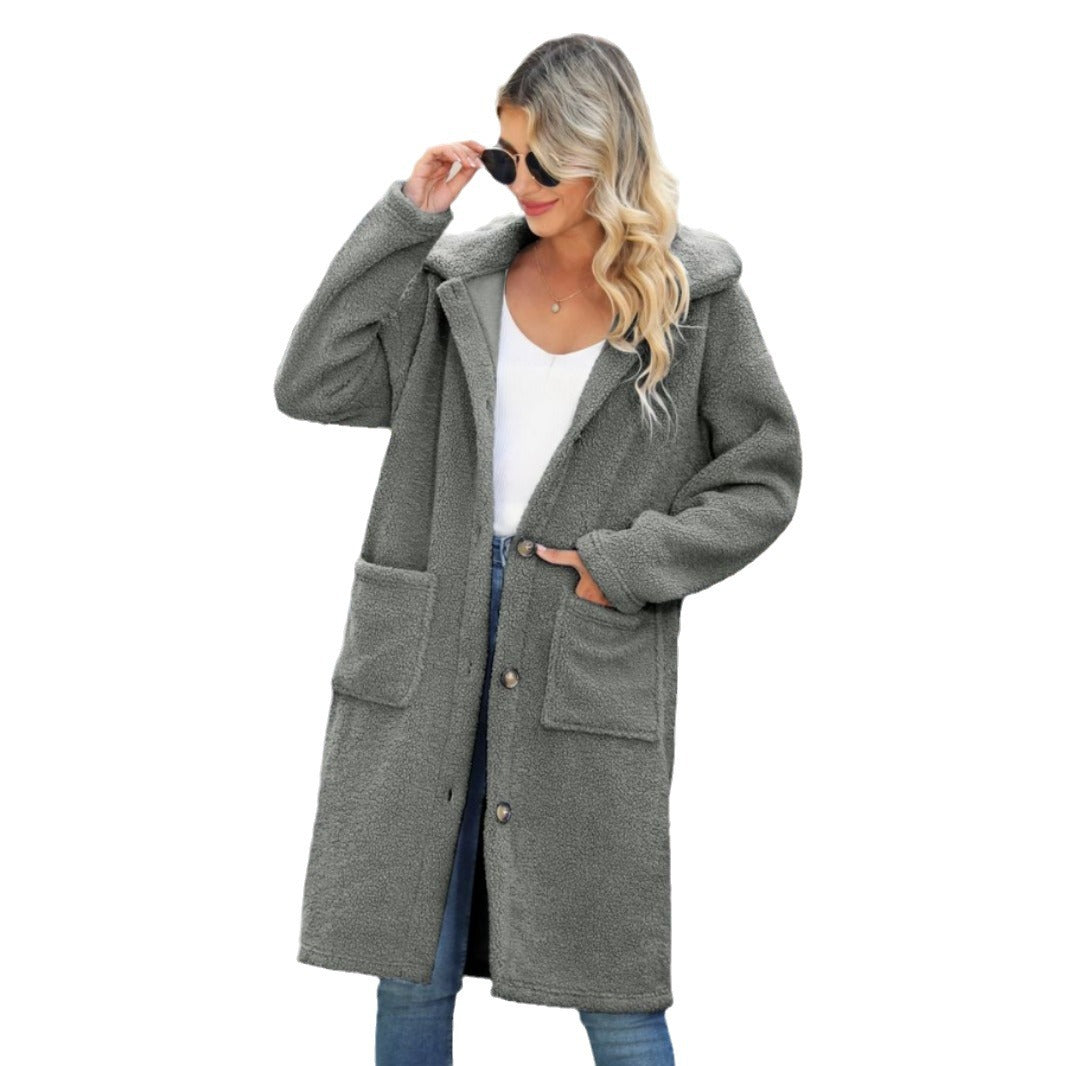 Autumn and winter women's long single-breasted lapel pocket solid color plush overcoat jacket
