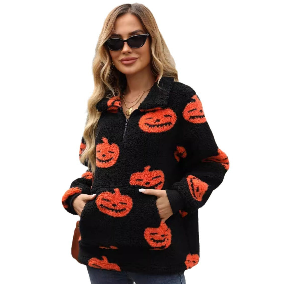 Autumn and Winter Halloween pumpkin print half zipper plush pullover sweater