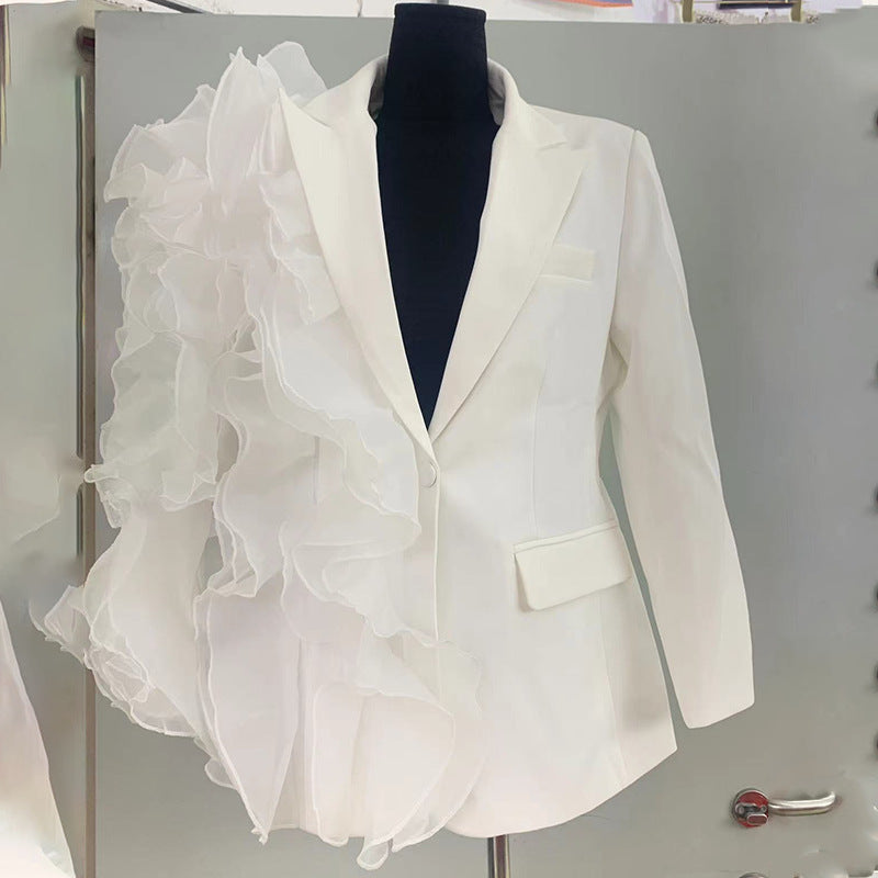 Suit 2024 Autumn New Fashion Stitching Mesh Ruffled Small Suit Jacket for Women