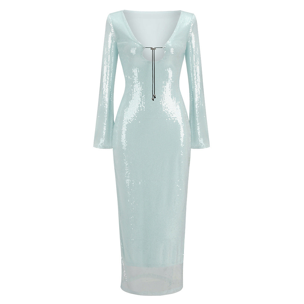Women Sexy Sequined V-Neck Flared Sleeves Dress Slit Slim Dresses