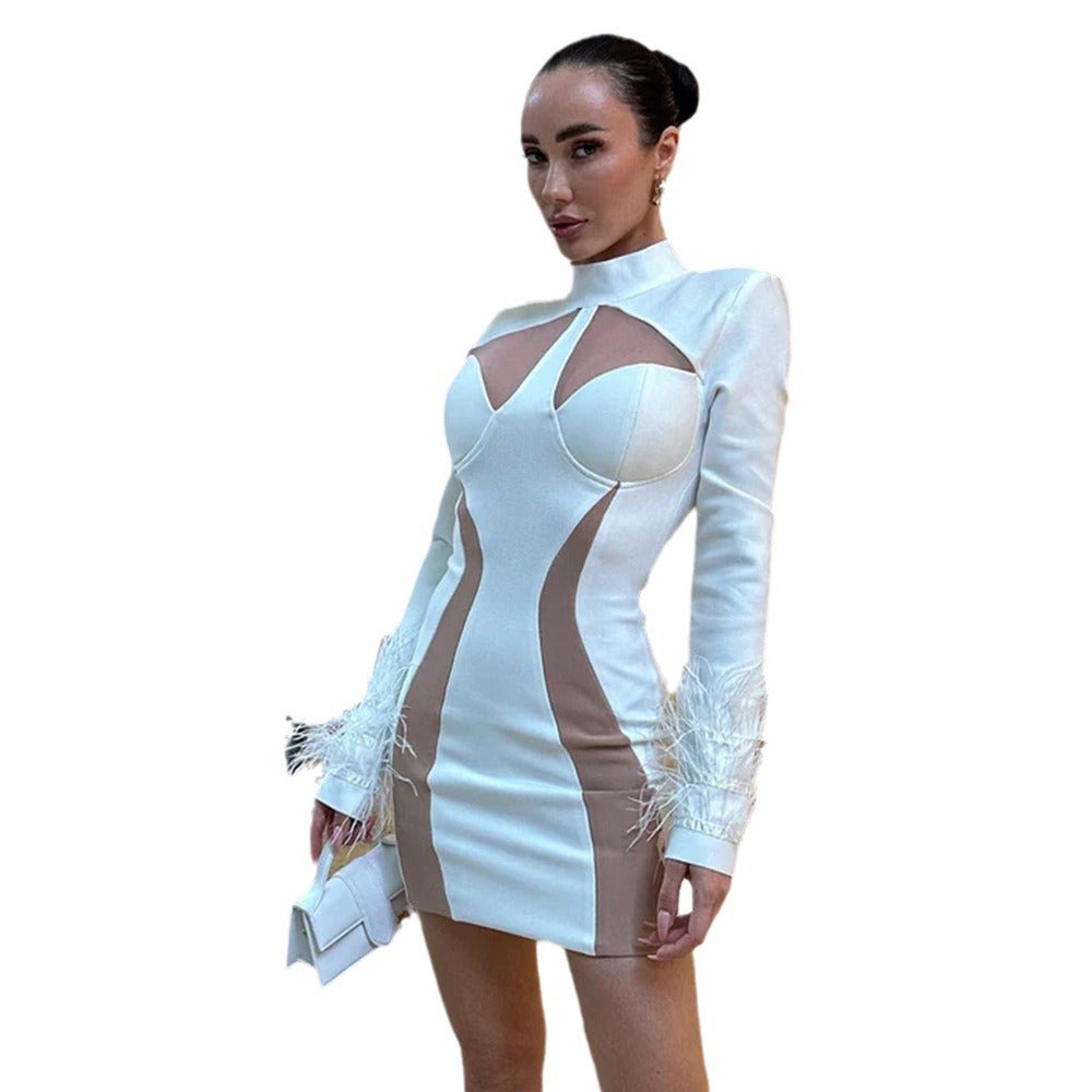 Ostrich Fur Stitching Contrast Color Slim Long Sleeve Bandage Dress Sexy