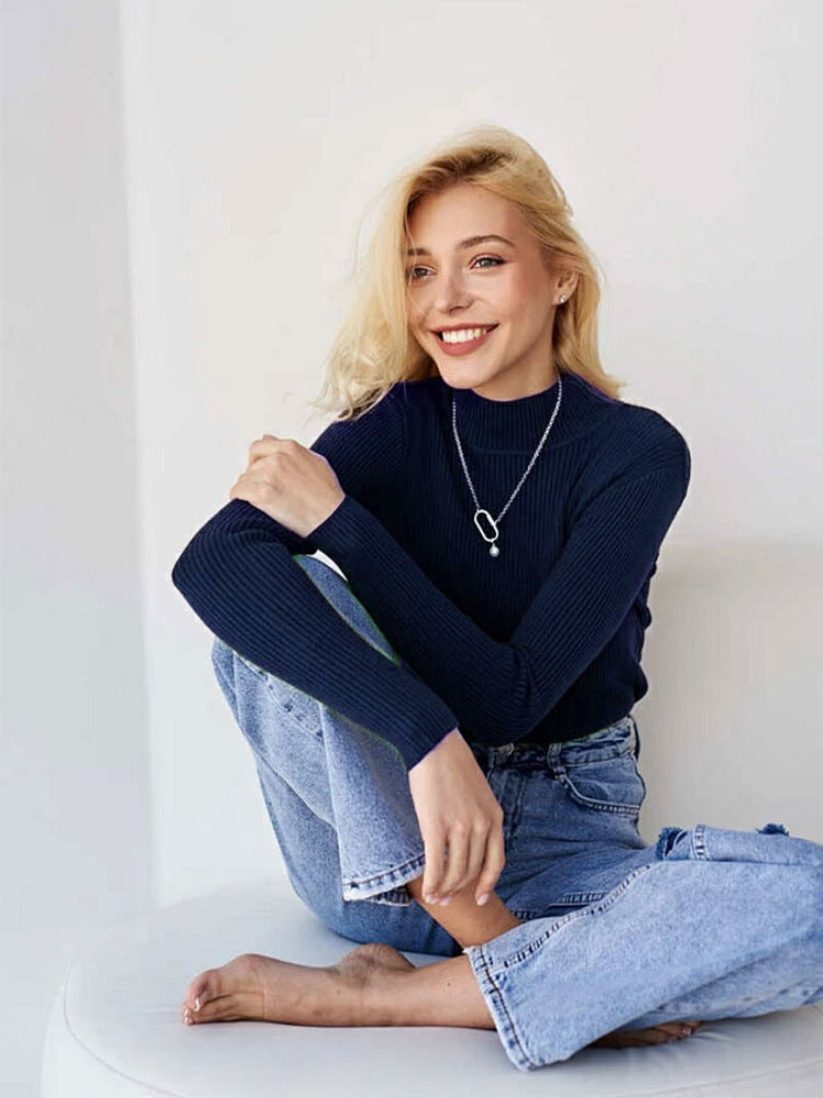 Pure Color half collar sweater autumn and winter women's slim knit bottoming shirt
