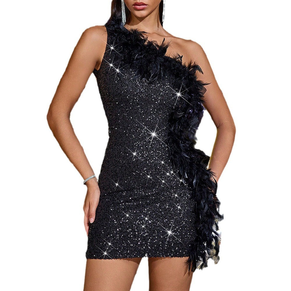 Sexy fashion black paillette dress feather stitched backless dress skirt