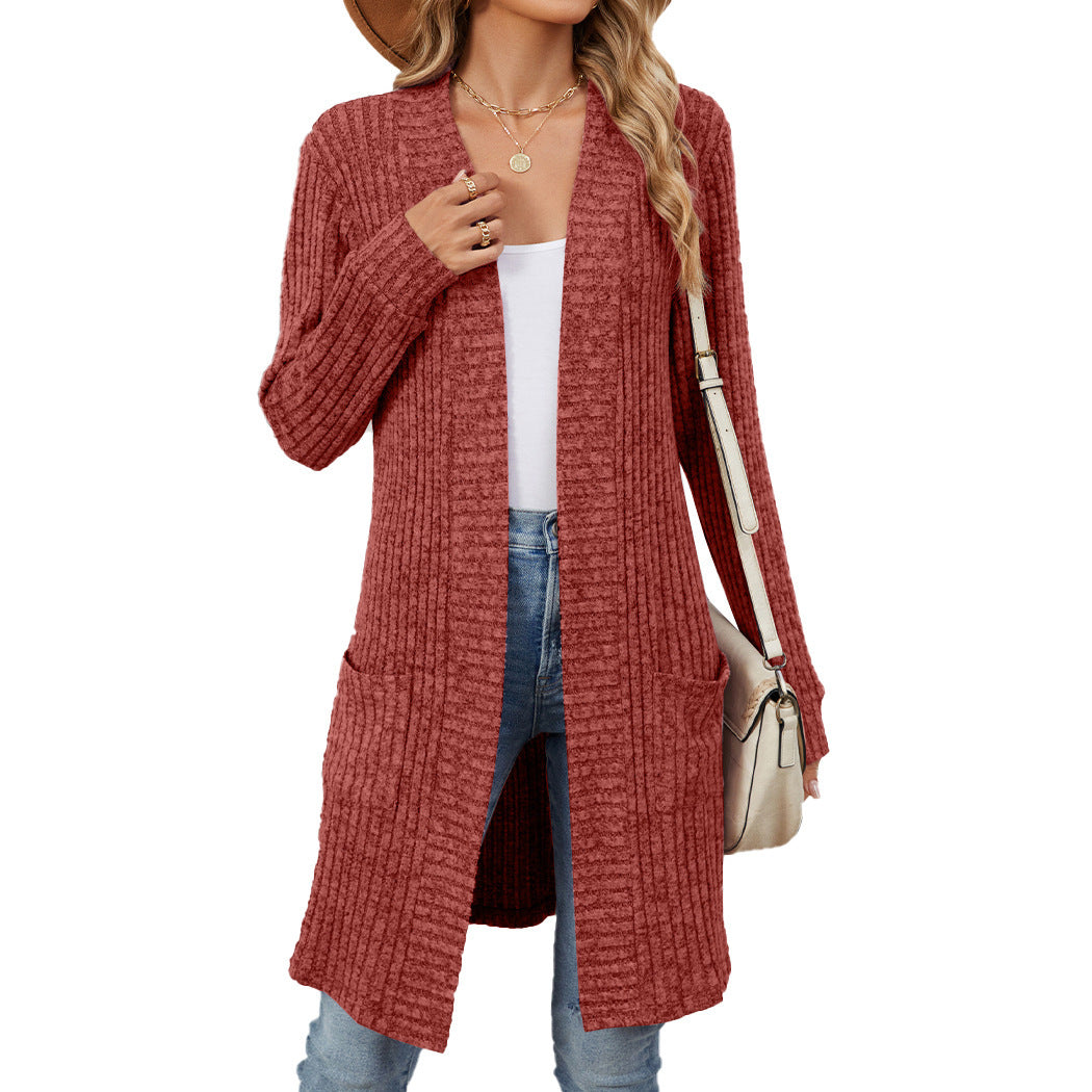 Autumn and Winter long solid color long sleeve loose pockets cardigan coat women's clothing