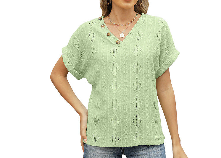 2025 Spring and Summer V-neck jacquard hollow loose short sleeves