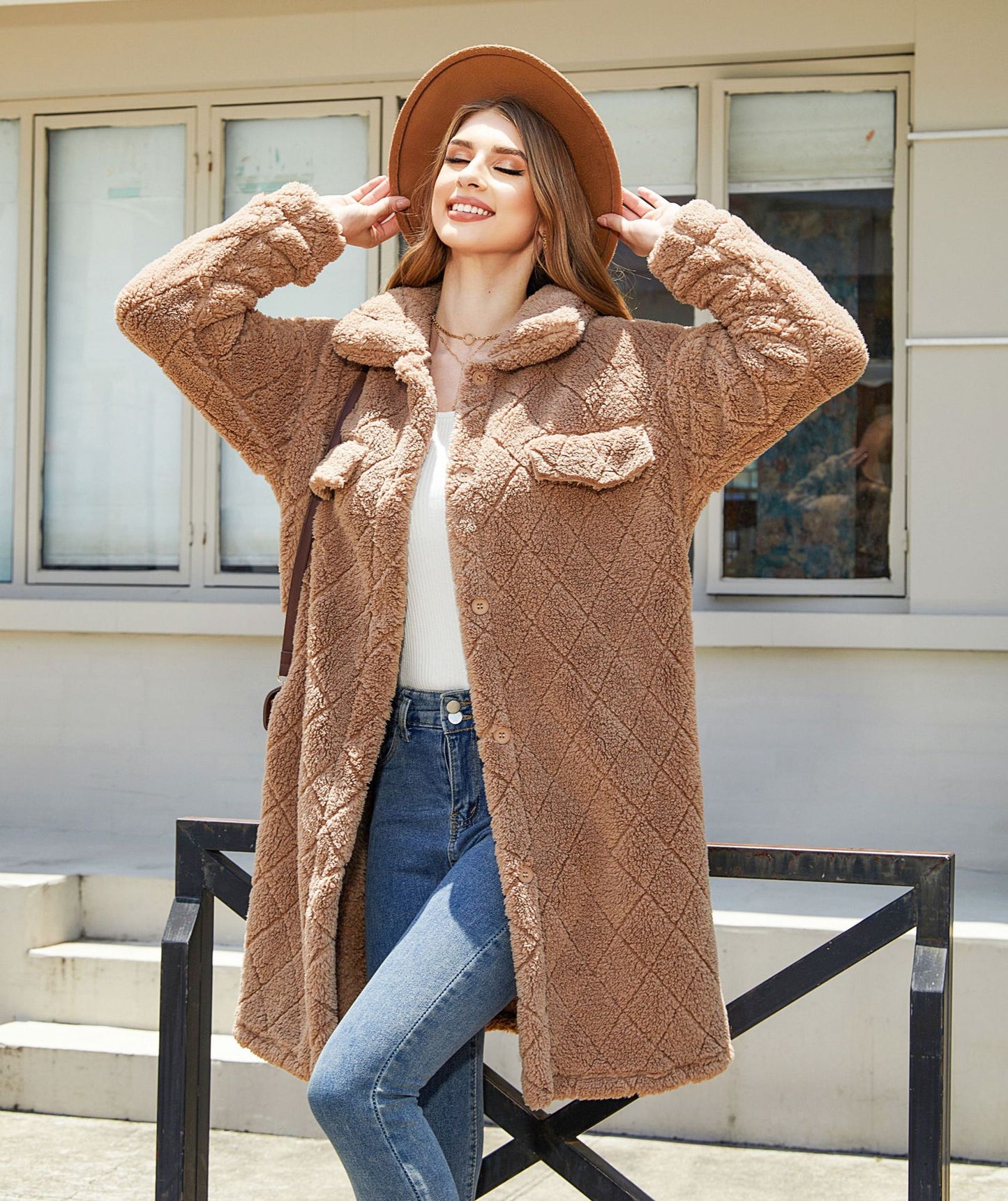 Autumn and winter women's plush loose single-breasted Diamond Coat Overcoat