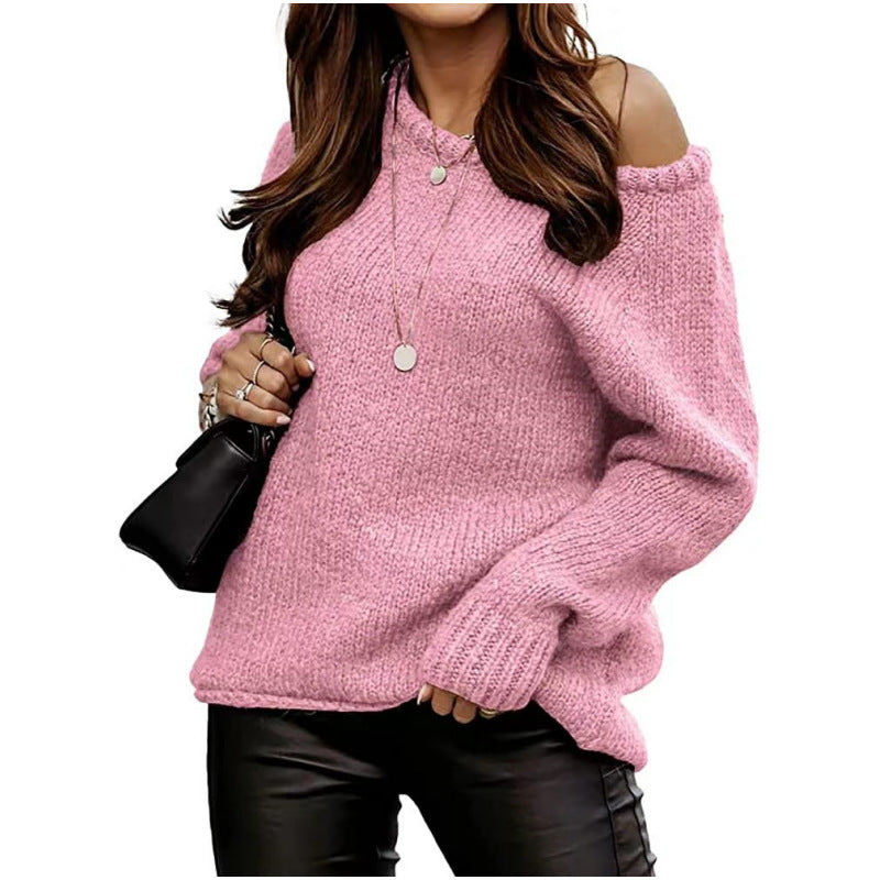 Autumn and Winter strapless sexy round neck pullover sweater solid color casual loose-fitting oversized sweater women