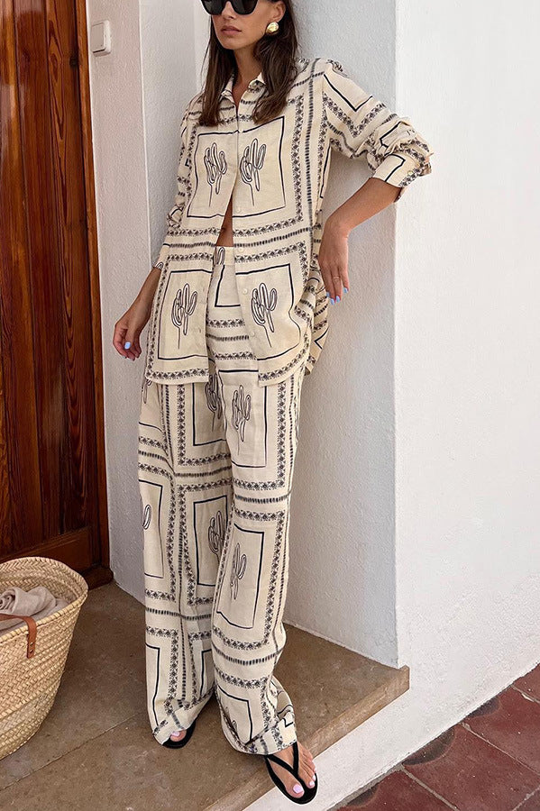 New printed long-sleeved shirt + trousers two-piece set loungewear
