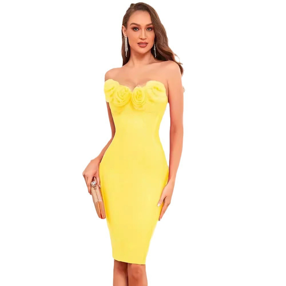 Yellow 3D Flower Slim Bodycon Bandage Dress Party