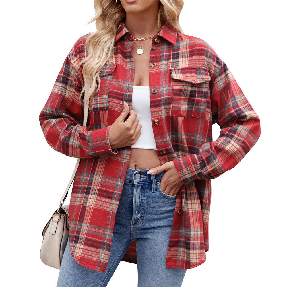 New Casual Fashion Loose Plaid Pocket Shirt Women