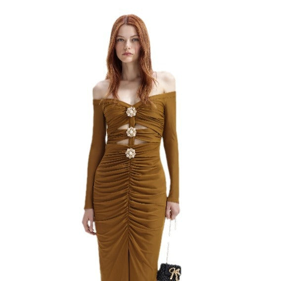 French Shoulder Hollow Flower Bandage Dress Feminine Celebrity High-end Evening Dress