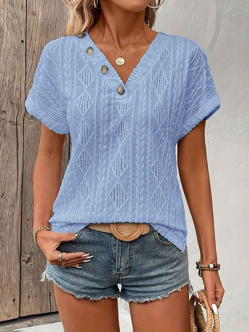 2025 Spring and Summer V-neck jacquard hollow loose short sleeves