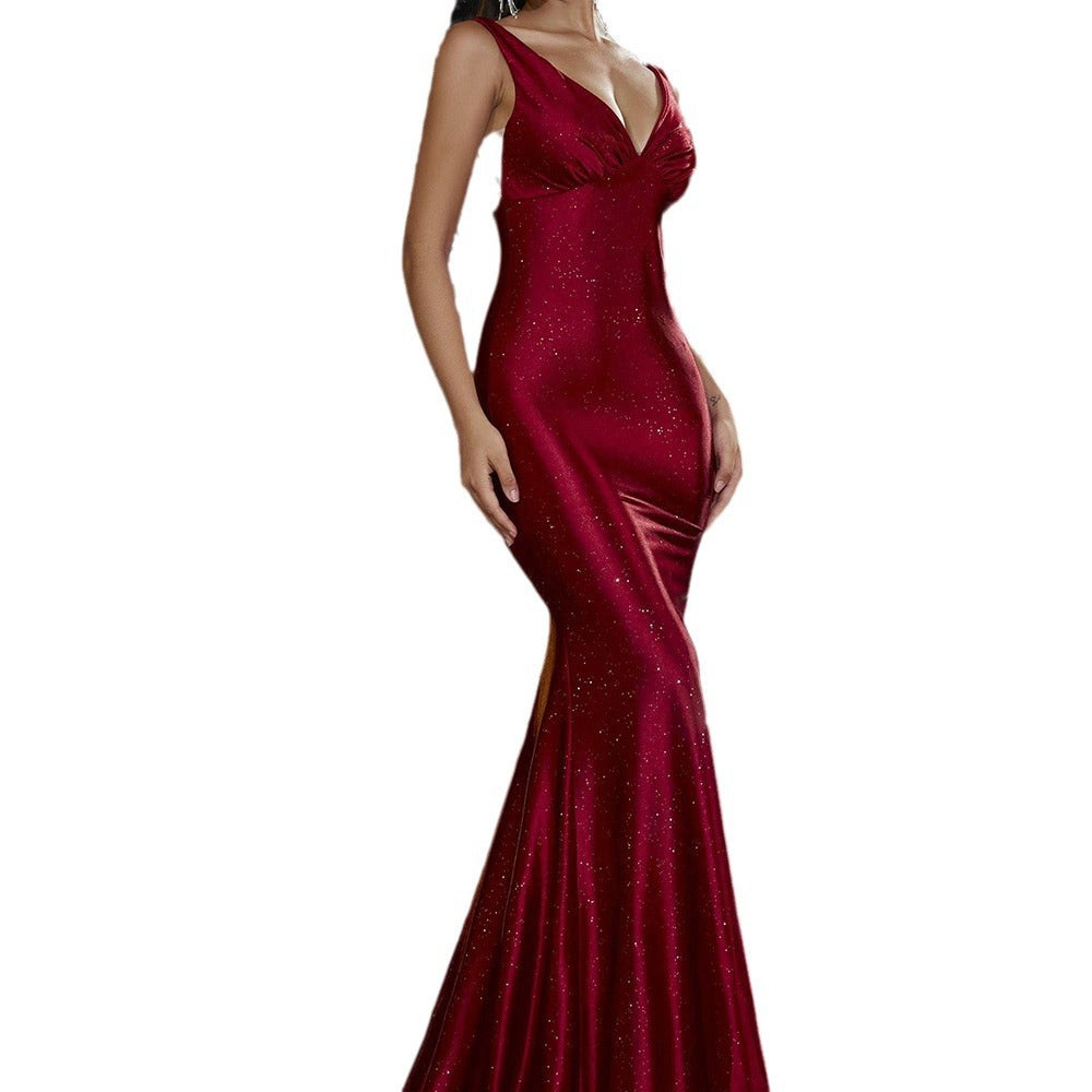 Fashion elegant dress deep V strap slim-fit hip-wrapped banquet mopping fishtail gown