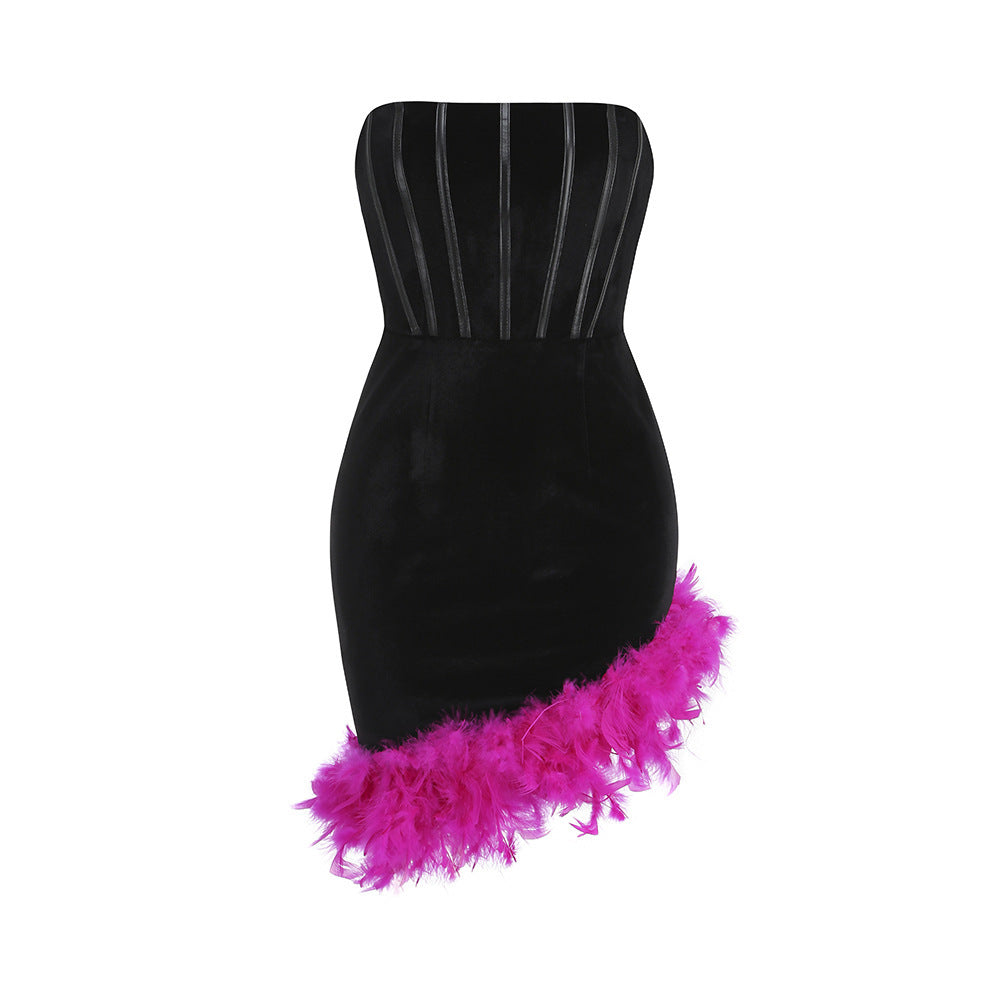 Sexy Bandeau Girdle Fishbone Bandage Dress Feather Party Formal