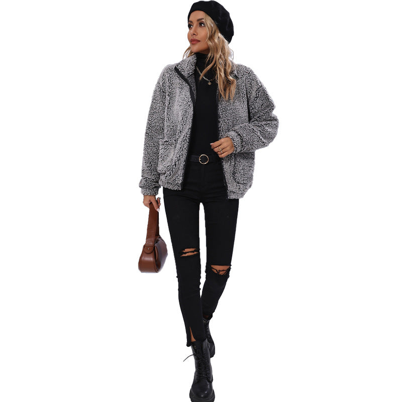 Women's autumn clothing lapel long sleeve zipper double-sided bubble velvet loose casual jacket
