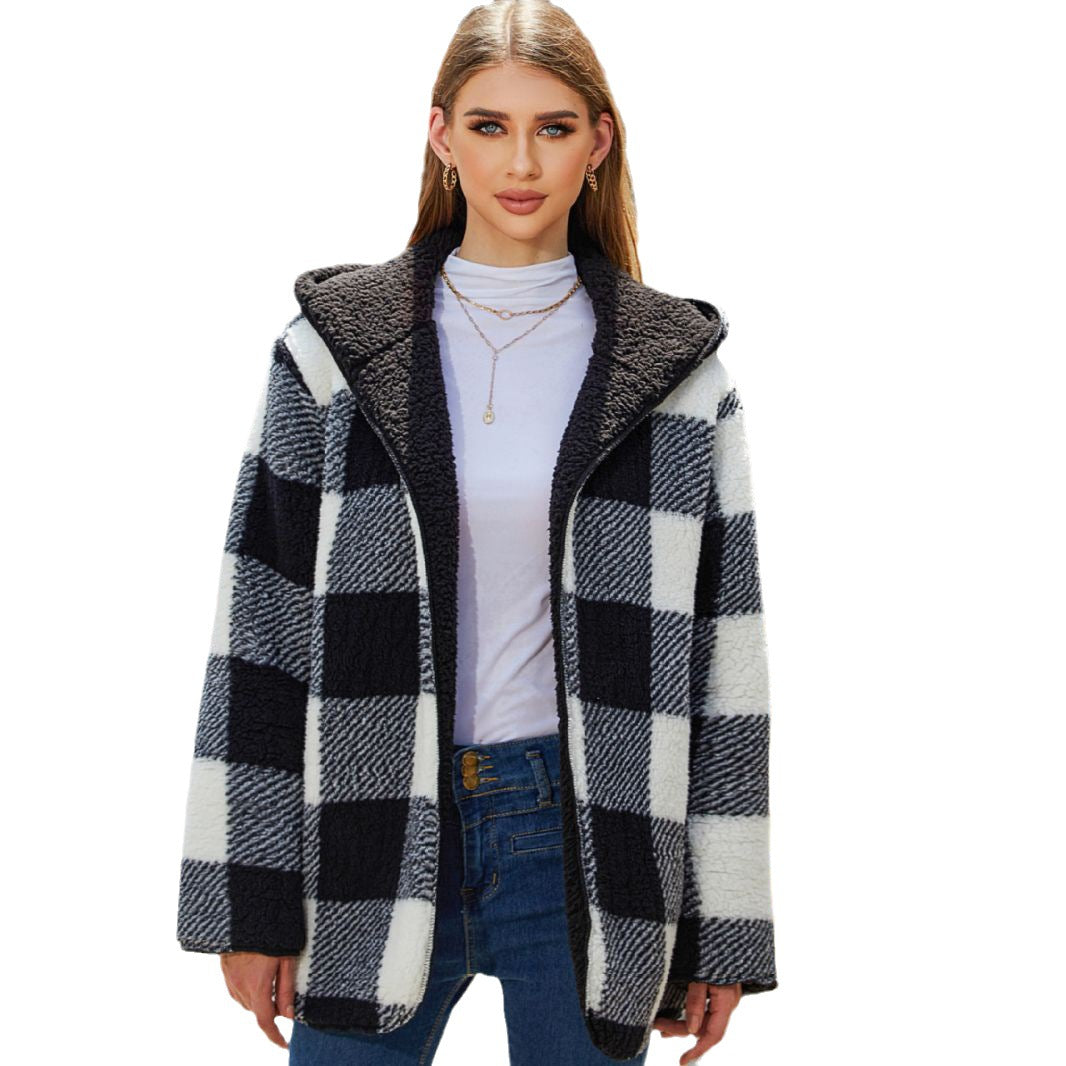 Autumn and winter women's clothing loose and warm Plaid buckle-free cardigan hooded double-sided plush coat