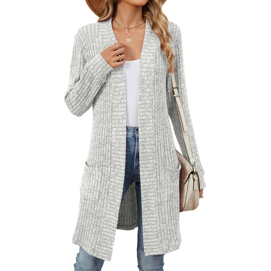 Autumn and Winter long solid color long sleeve loose pockets cardigan coat women's clothing