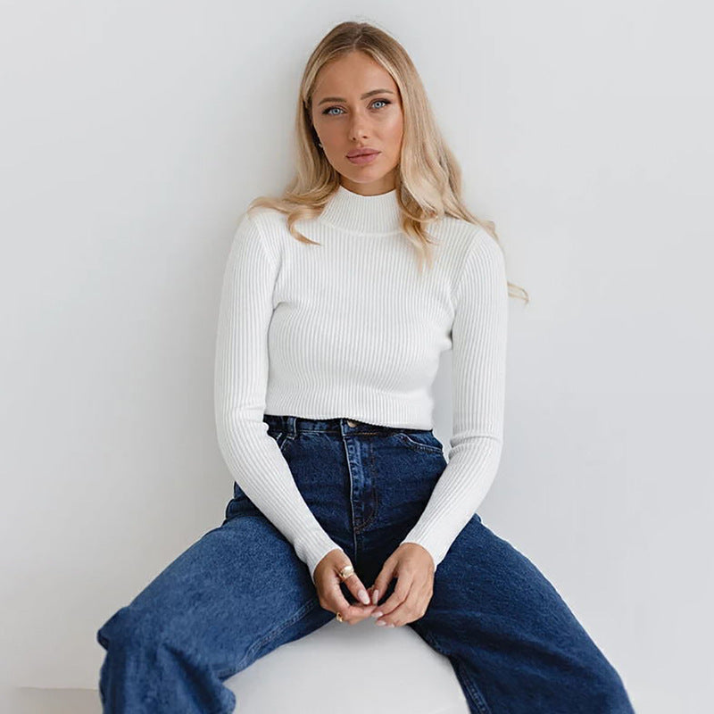 Pure Color half collar sweater autumn and winter women's slim knit bottoming shirt