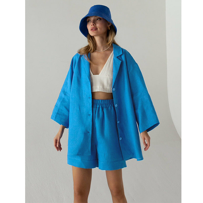 Cotton shorts suit women's lapel loose single-breasted Shirt high waist straight pants two-piece set