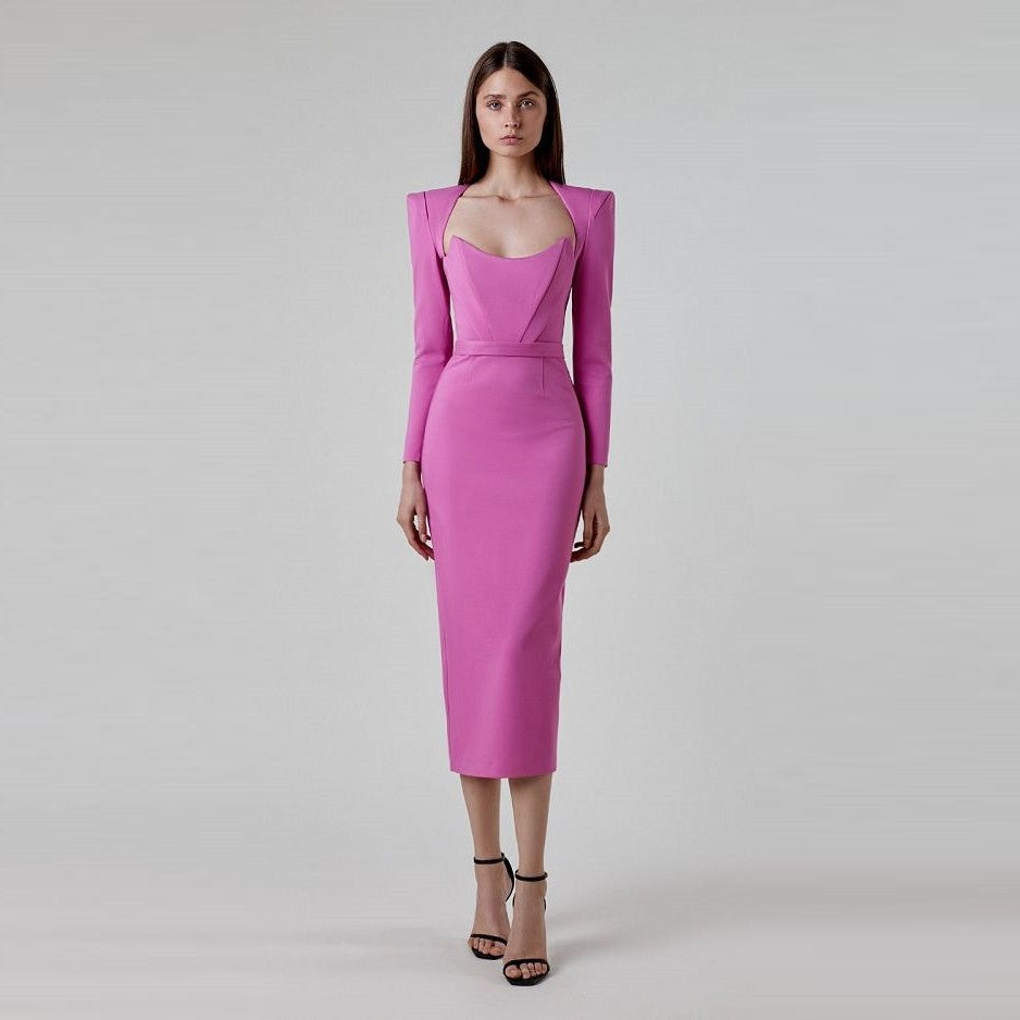 Spring temperament square neck horn shoulder long sleeve bandage dress