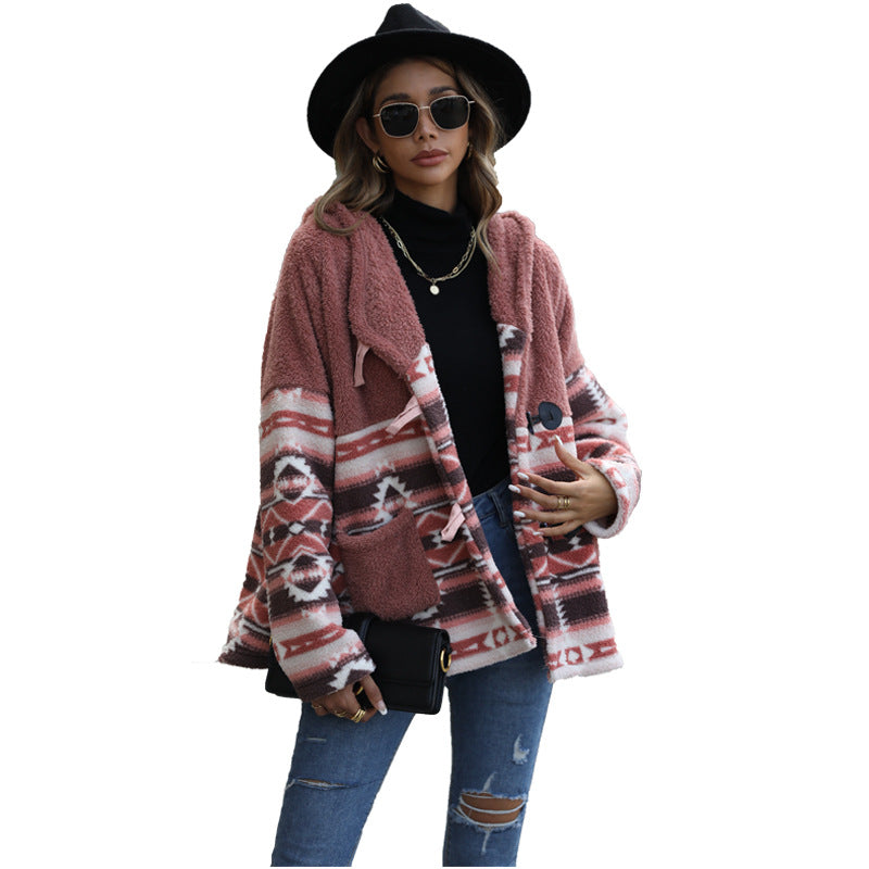 Casual women's hooded long-sleeved geometric horn button mid-length double-sided velvet jacket