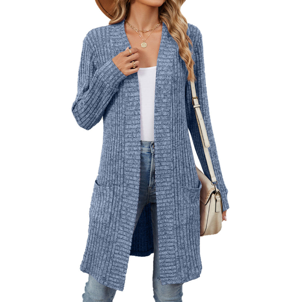 Autumn and Winter long solid color long sleeve loose pockets cardigan coat women's clothing