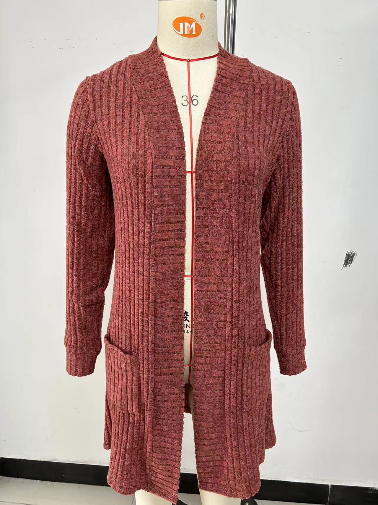 Autumn and Winter long solid color long sleeve loose pockets cardigan coat women's clothing