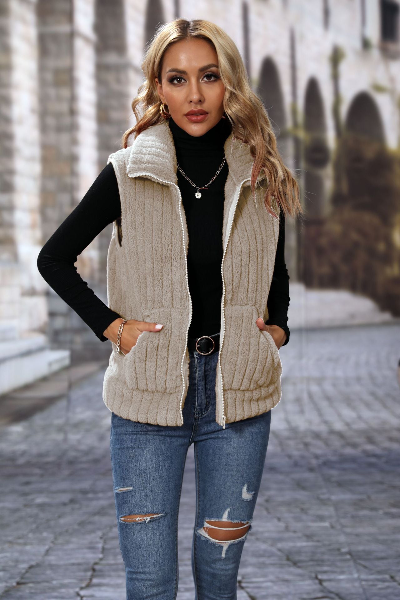 Women's autumn clothing lapel sleeveless loose striped zipper plush casual vest coat