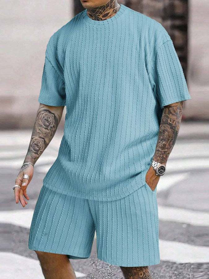 Men's sports solid color round neck pullover vertical T-shirt shorts short sleeves two-piece set