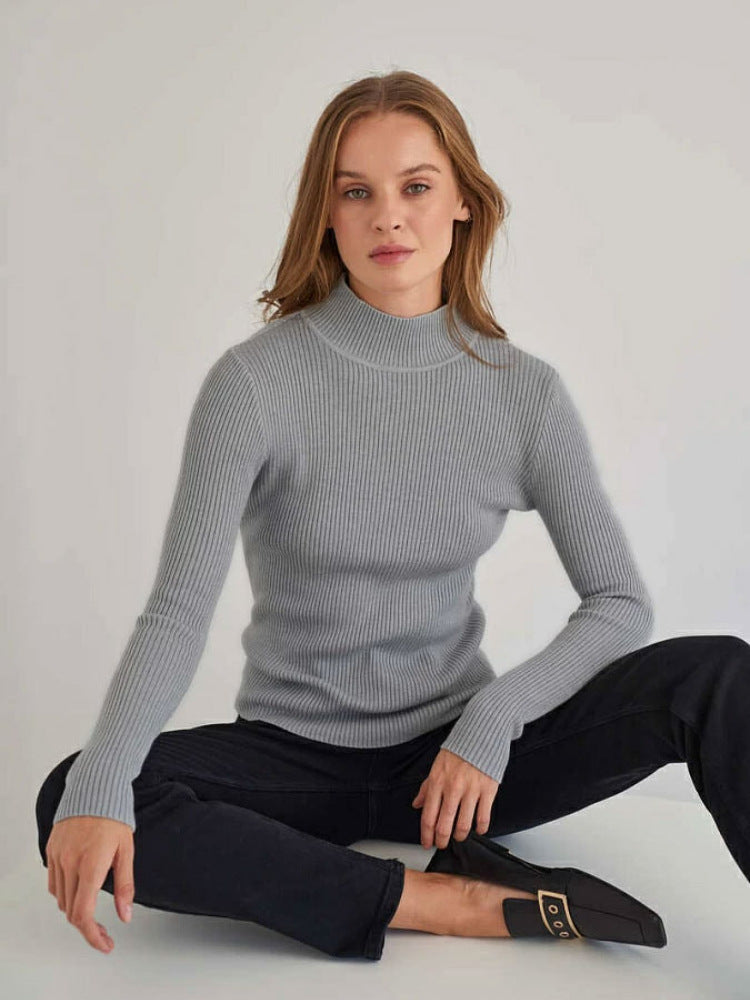 Pure Color half collar sweater autumn and winter women's slim knit bottoming shirt