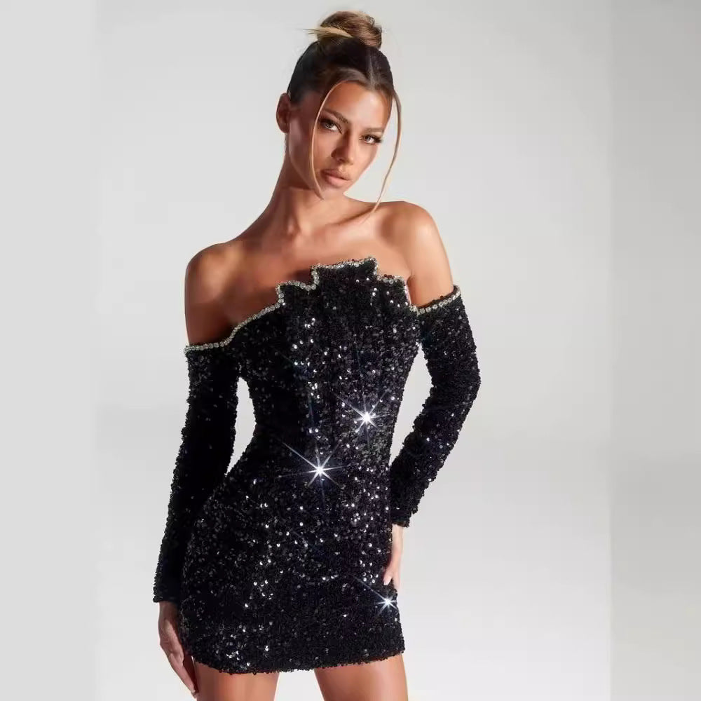 Women SexyClassic Black Off-Shoulder Sequined Long Sleeve Dress