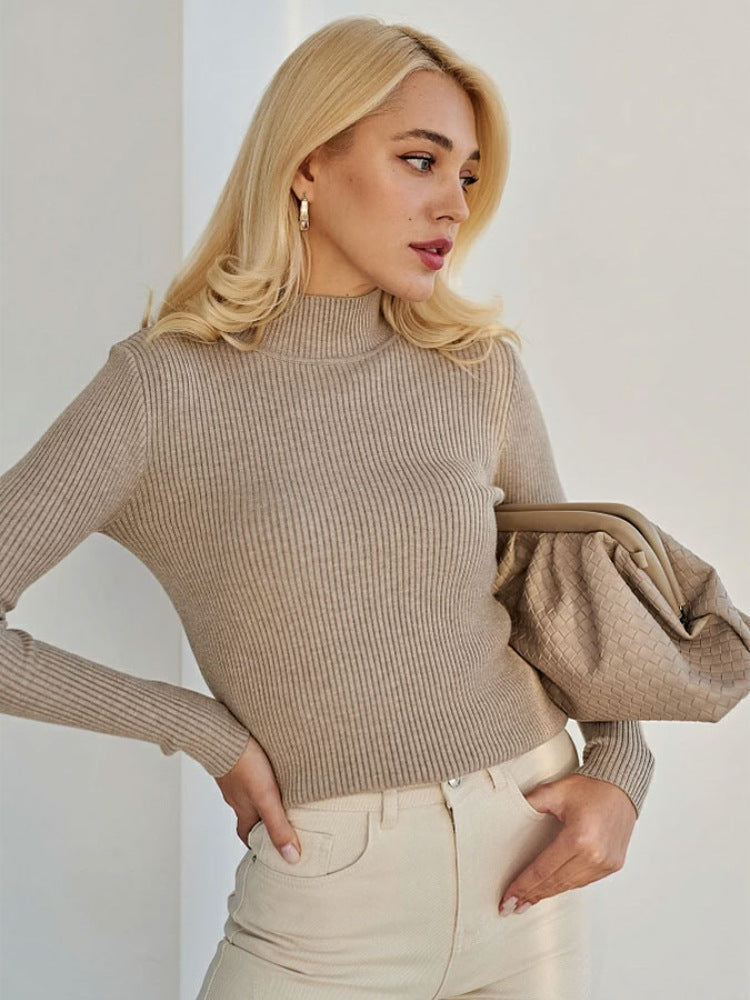 Pure Color half collar sweater autumn and winter women's slim knit bottoming shirt