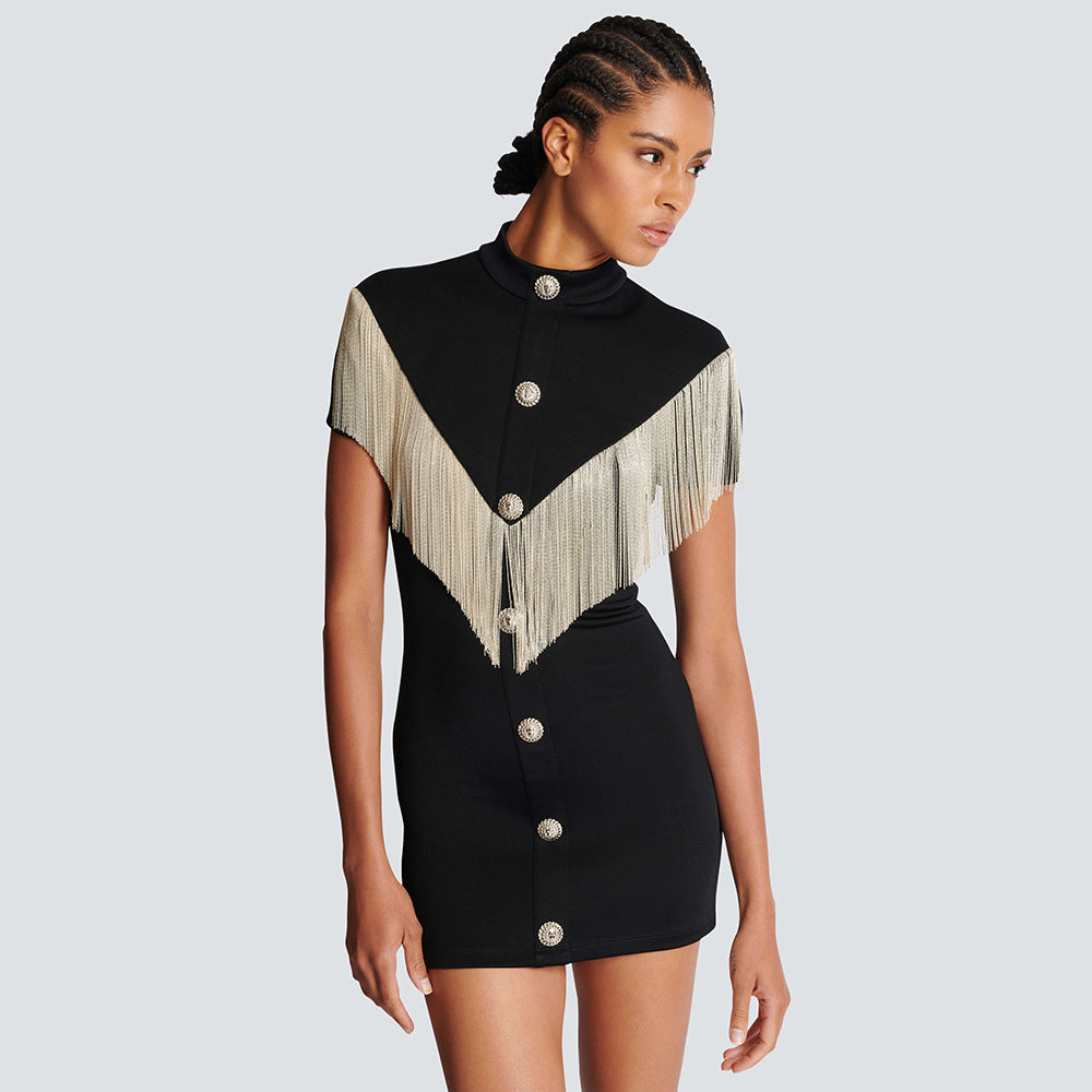 Black Tassel Single-Breasted Sexy Short Sleeve Bandage Dress