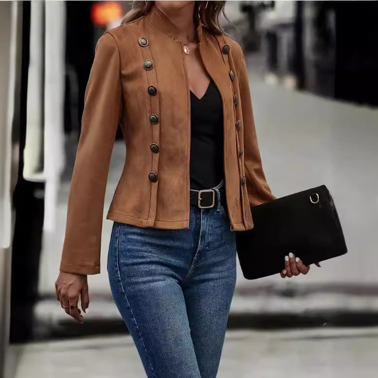 2024 solid color jacket double row metal buckle deerskin velvet retro long sleeve coat for women
