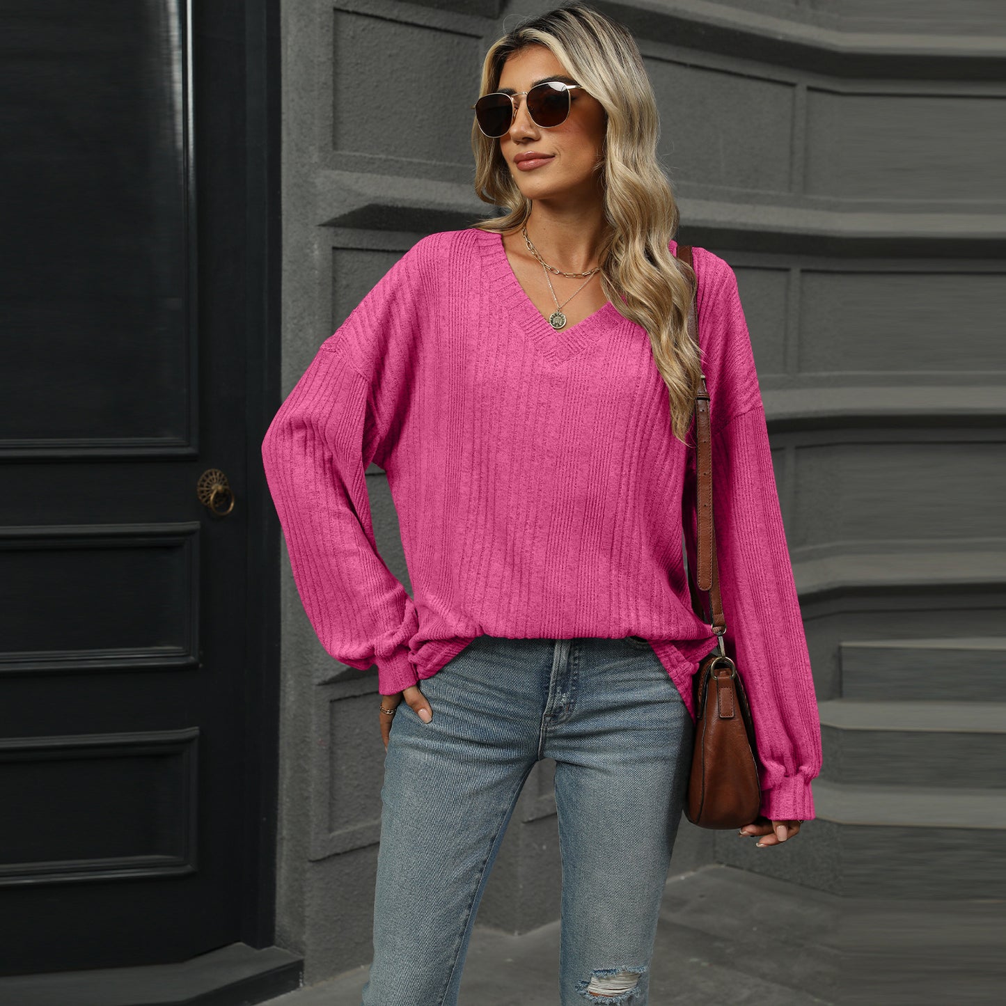2024 autumn and winter new solid color and V-neck loose casual long sleeves T-shirt top women's clothing