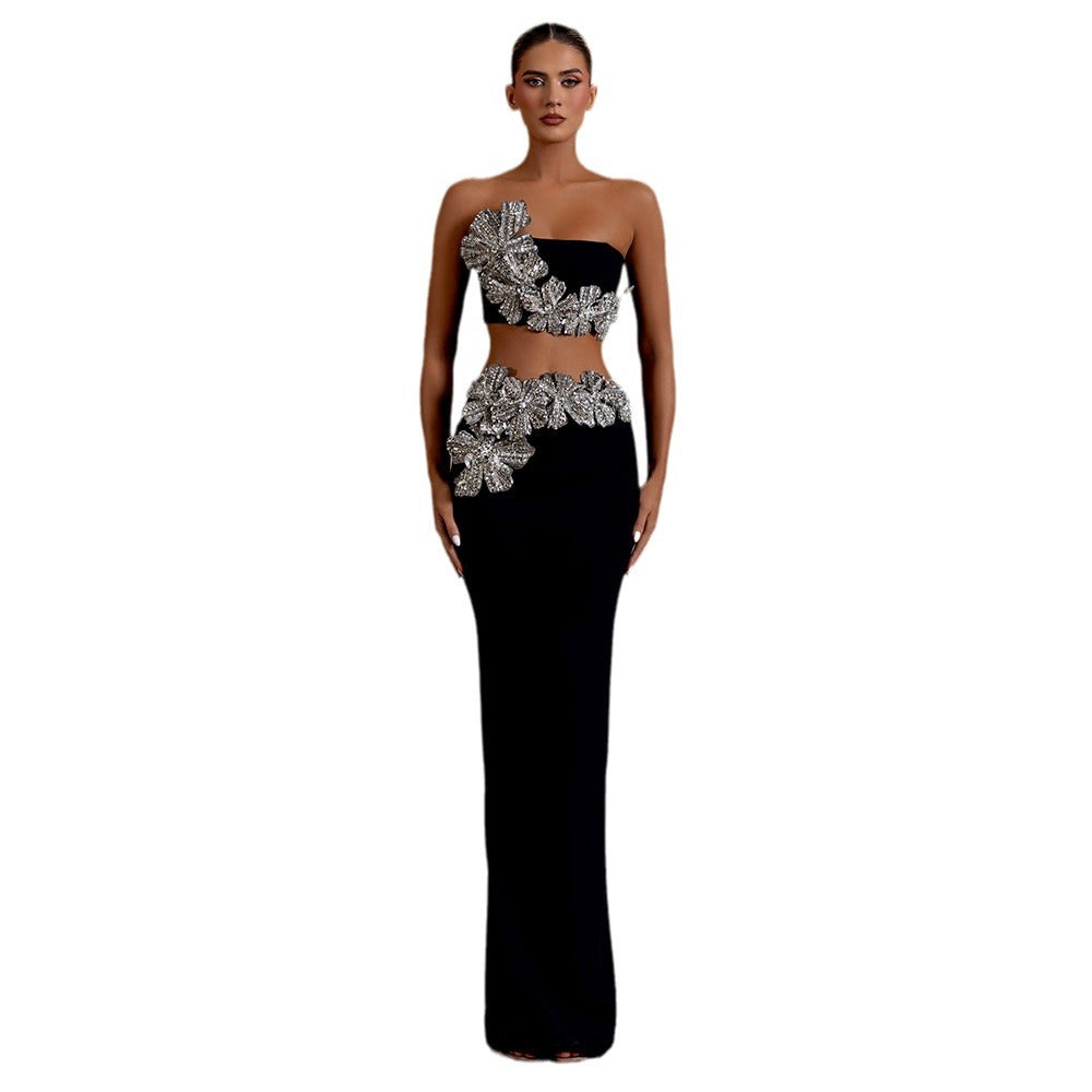 Flower Rhinestone Sexy Bandage Suit Banquet Party Two-Piece Set