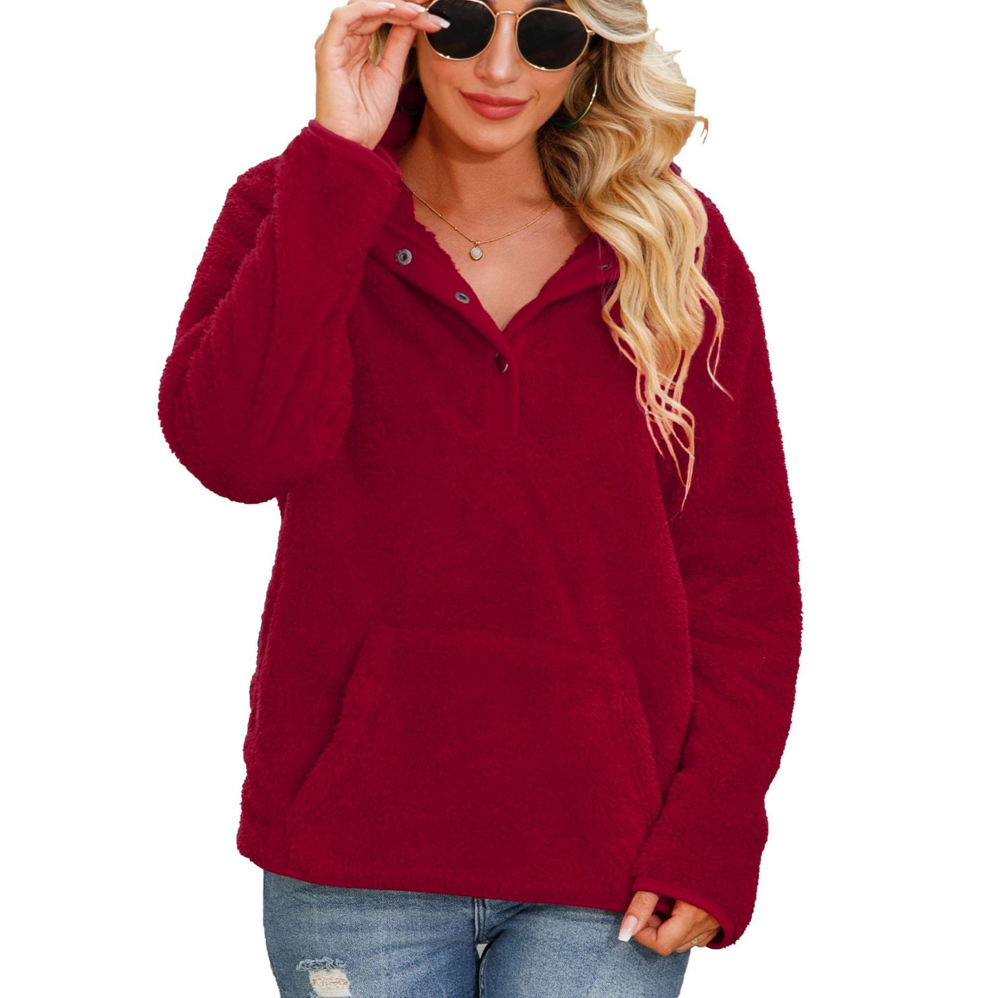Casual autumn women's round neck long sleeve pullover non-ironing solid color mid-length double-sided velvet loose sweater