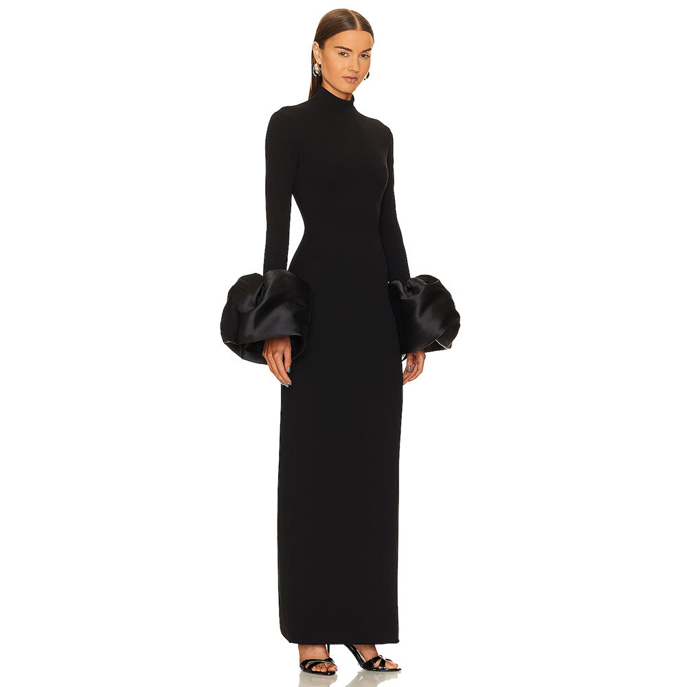 Black Bandage Dress Sexy Turtleneck Flared Long Sleeve Slim Party Maxi