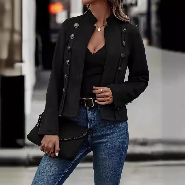 2024 solid color jacket double row metal buckle deerskin velvet retro long sleeve coat for women