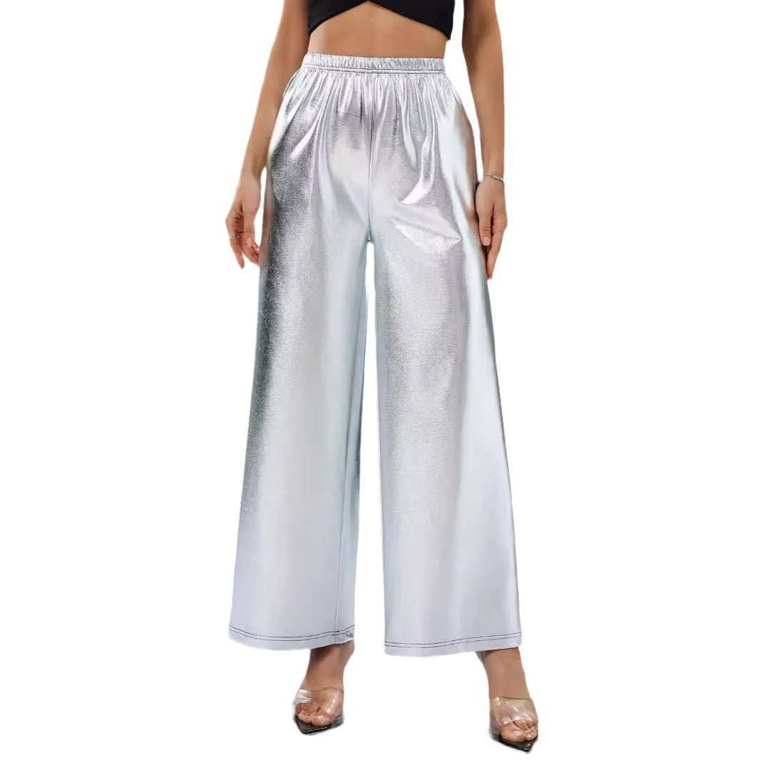 Women's trousers hot silver loose high waist wide leg women's casual trousers