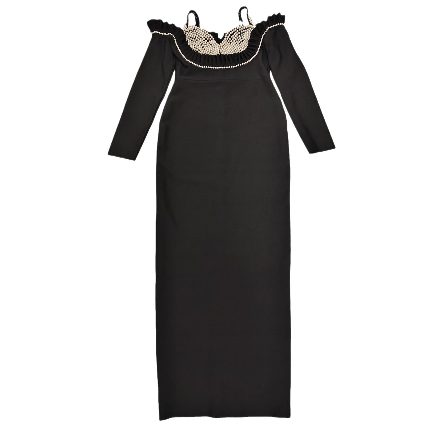 Elegant Black Long Sleeve Evening Dress Pearl Bandage Dresses