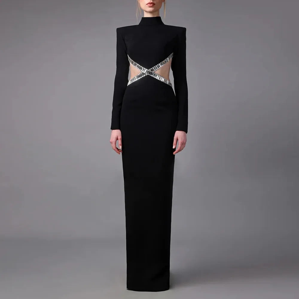 Black Bandage Dress Sexy Long Sleeve Hollow Diamond Slim