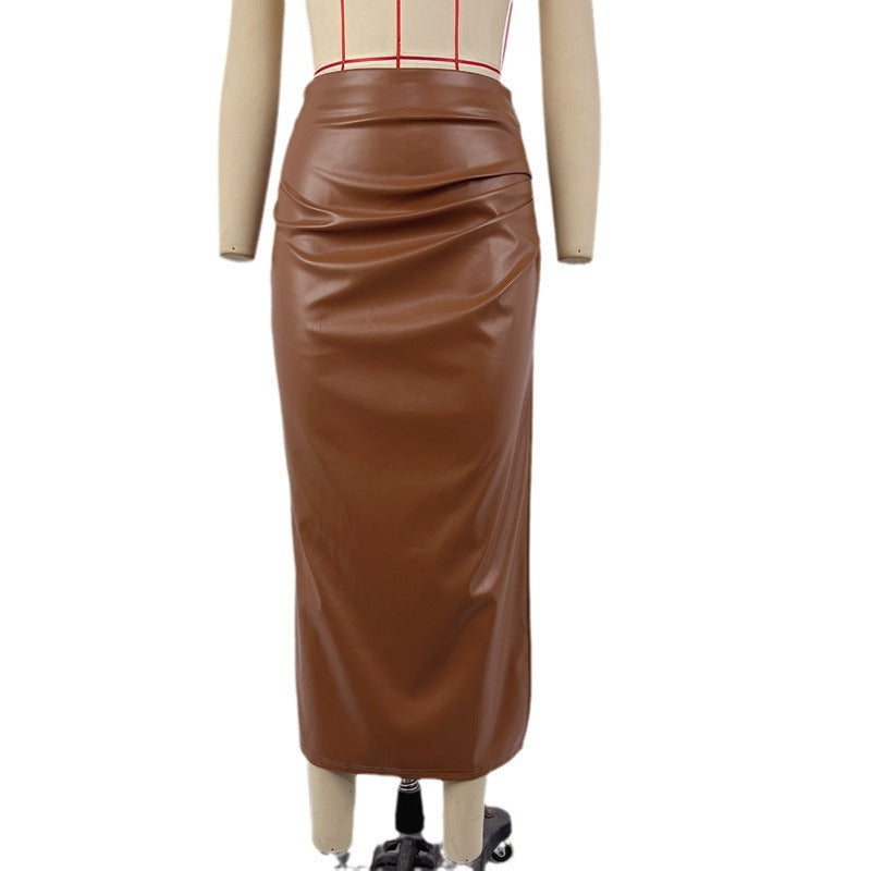 Women's 2024 autumn and winter new solid color PU high waist crimp split skirt women's skirt wholesale