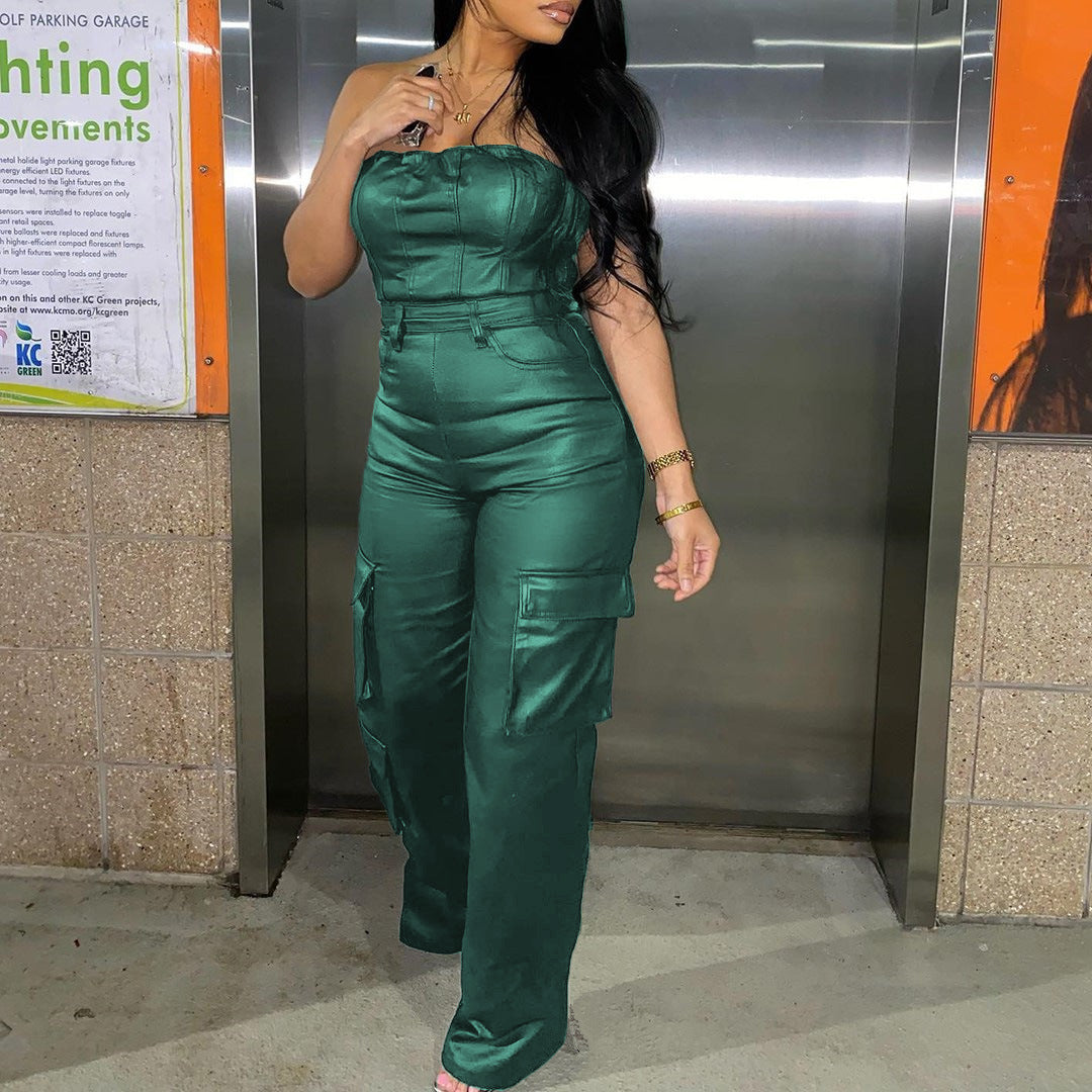 Sexy off-the-shoulder tube top tight-fitting waist PU leather jumpsuit